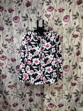 Banana Republic Floral Blouse M Navy Pink Lightweight Office Top